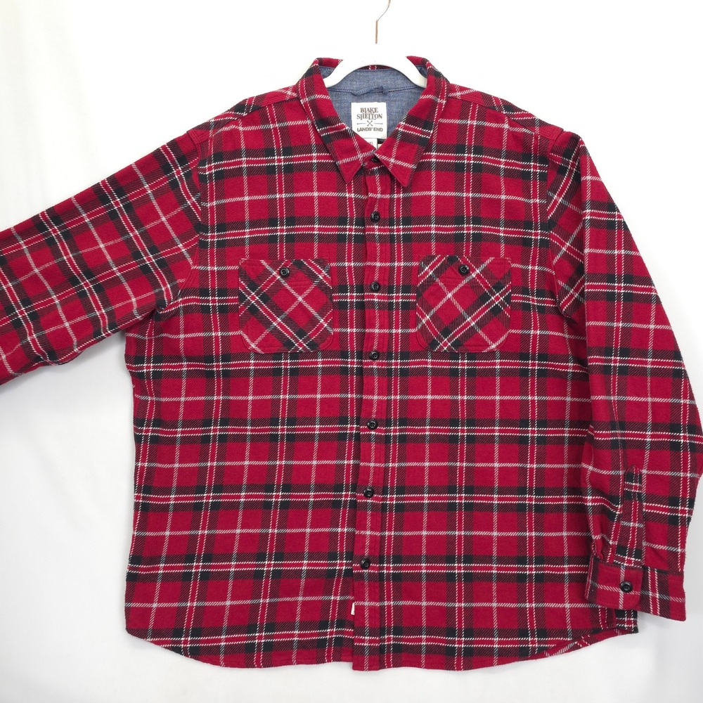 Blake Shelton Lands End Flannel Shirt Men XXL‎ Red Plaid Cotton Long Sleeve